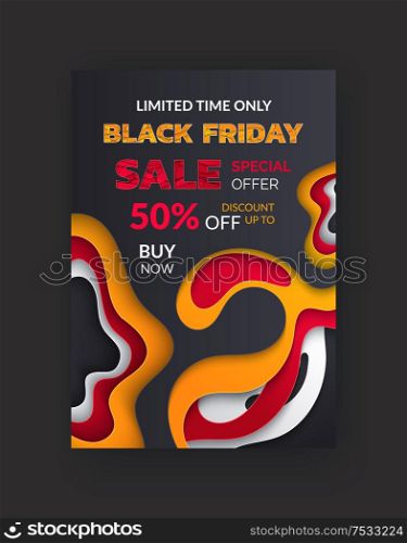 Special promo card with half price discount on Black Friday sale. Best offer, 50 percent price off leaflet with 3D backdrop in flat style, vector retail tag. Special Promo Card Half Price Black Friday Sale