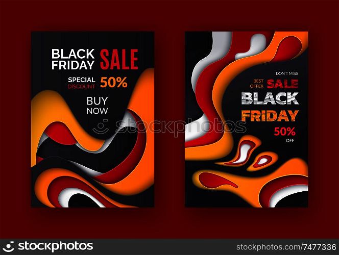 Special promo cards with half price discount. Black Friday sale best offer, 50 percent price off leaflet with 3D backdrop in flat style, vector retail tags.. Black Friday Sale Best Offer, 50 Percent Price Off