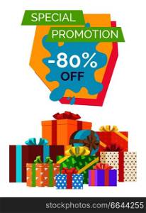 Special promotion -80% off, banner depicting lots of presents decorated with ribbons and bows with headline on vector illustration. Special Promotion -80% Off Vector Illustration
