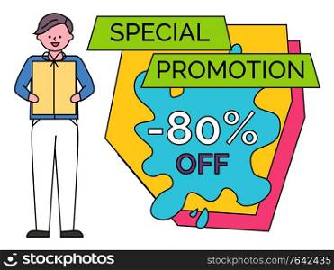 Special promotion banner for shop sale announcement vector. Abstract blot shape with text stating 80 percent off price. Character standing with present in hands. Male customer holding gift in box. Special Promotion 80 Percent Off Price Banner