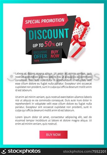 Special promotion discount, offer 50 percent off web page template vector. Buy now banner with half price reduced. Retail advertisement, sale on presents. Special Promotion Discount, Offer 50 Percent Lower