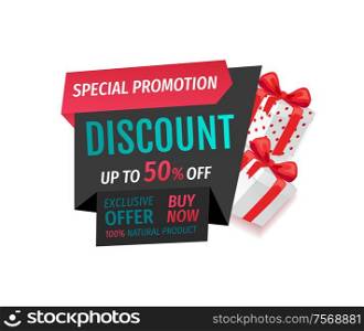 Special promotion discount, offer of 50 percent cost lower vector. Buy now banner with half price reduced. Retail advertisement, sale on presents. Special Promotion Discount, Offer 50 Percent Lower