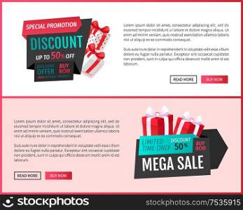 Special promotion, mega discount shops offers vector. Limited time only, best proposition, exclusive bargain from store. Sale on presents gifts boxes. Special Promotion, Mega Discount Shops Offers