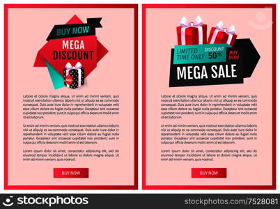 Special promotion of shop to purchase store items and get gifts. Buy now, mega discount best offer, sale label web page template vector present and bow.. Special Promotion of Shop to Purchase Store Items
