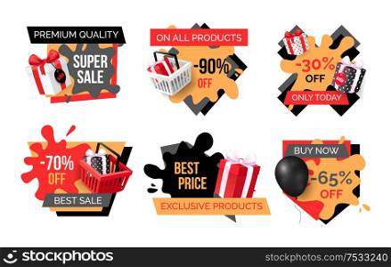 Special promotion on exclusive products sellout banners set. Presents boxes bought on sellout, purchase of goods on sale. Wholesale and retail offers. Special Promotion on Exclusive Products Sellout