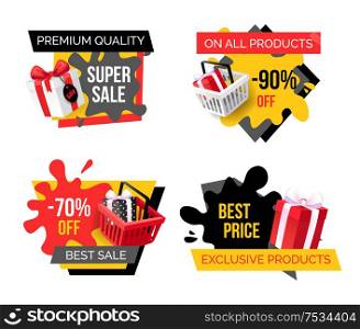 Special promotion on exclusive products sellout banners set. Presents boxes bought on sellout, purchase of goods on sale. Wholesale and retail offers. Special Promotion on Exclusive Products Sellout