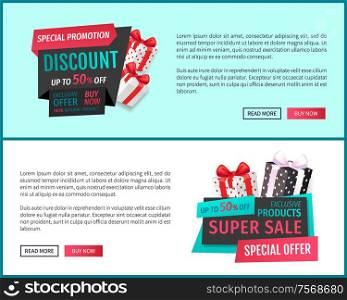 Special promotion, super sale, exclusive offer web pages vector. Banners with present boxes, gifts advertisements of shops. Market products promotion. Special Promotion, Super Sale, Exclusive Offer