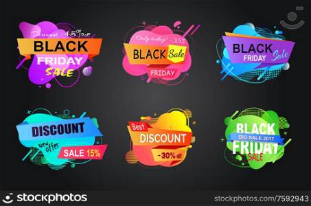 Special promotion vector, isolated banners set in flat style, stickers with reduced price and abstract design, black friday sale, offers of market. Black Friday Sales and Clearance of Shop Banners