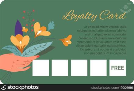 Special promotions, sales and discounts for clients using loyalty card. Decor with flowers and hands, text and calligraphic inscription. Advertising and marketing of shop. Vector in flat style. Loyalty card, discounts and special promotions
