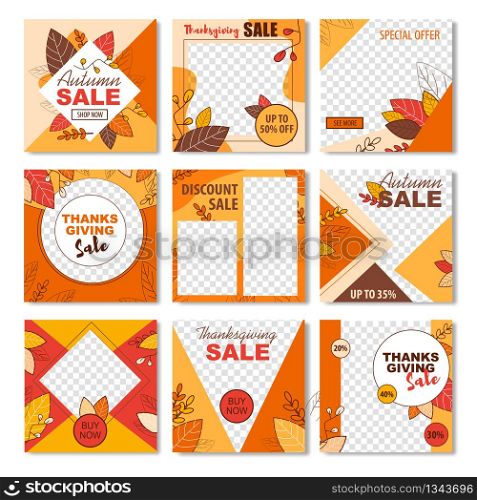 Special Seasonal Sale Set for Thanksgiving Celebration. Autumn Discounts Cards Collection in Flat Holiday Style. Advertisement with Copy Space for Promotional Text and Offers. Vector Illustration. Special Seasonal Sale Set Celebrate Thanksgiving