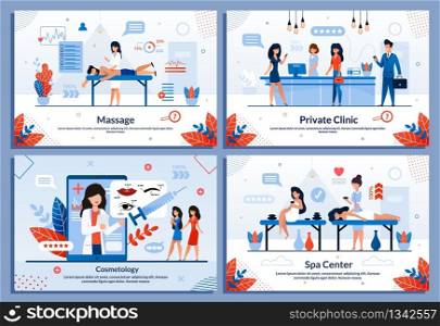 Special Services for People Health Flat Banner Set. Private Clinic, Beauty Cosmetology, Massage and Procedure in Spa Center Advertisement. Mobile Application for Ordering. Cartoon Vector Illustration. Special Services for People Health Flat Banner Set
