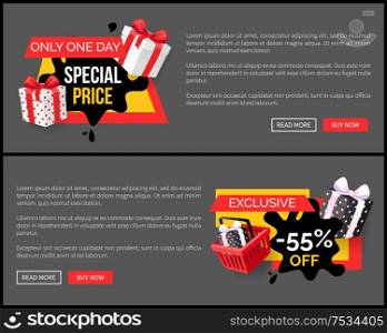 Special shopping offer landing page design, push buttons. Exclusive products sellout 55 off price vector web site templates. Vector promo advertisements. Special Shopping Offer Landing Page Design Banner