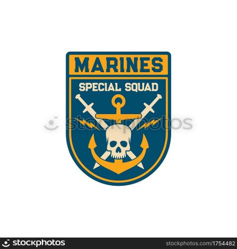 Special squad of maritime division special squad isolated army chevrons with crossed swords, anchor and skull skeleton head isolated patch on uniform. Vector navy marine forces shield sticker. Marines special squad skull, anchor crossed swords