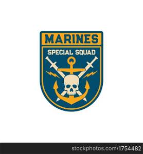 Special squad of maritime division special squad isolated army chevrons with crossed swords, anchor and skull skeleton head isolated patch on uniform. Vector navy marine forces shield sticker. Marines special squad skull, anchor crossed swords