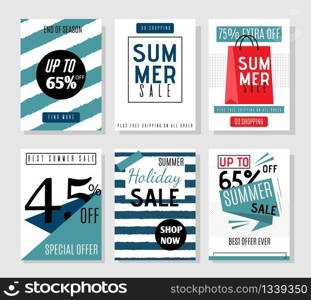 Special Summer Sales Flyers or Social Stories Set. Final Sell-out and Discount Offers to Buy with up to 45, 65, 75 Percent Extra off. Great Vacation and Holiday Closeout. Vector Flat Illustration. Special Summer Sales Flyers or Social Stories Set