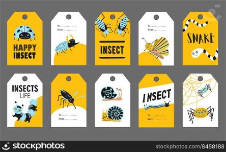Special tag designs with happy insects. Funny ladybug, May beetle, cockroach, spider, snail on vivid background. Wildlife and fauna concept. Template for greeting labels or invitation cards