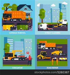 Special Transport 2x2 Flat Design Concept . Special transport 2x2 flat design concept with garbage removal road repair street cleaning and evacuator square compositions vector illustration