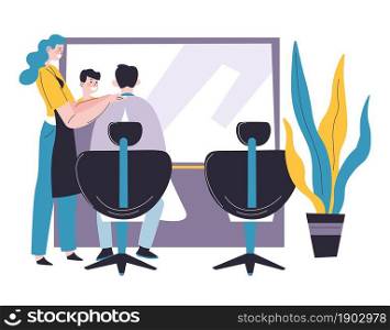 Specialist caring for hair of client sitting in chair by mirror in beauty salon. Man having haircut done by professional hairdresser. Salon for hairstyling and beautification. Vector in flat style. Hairdresser service in beauty salon, hair care