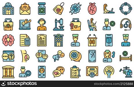 Specialist help icons set outline vector. Mask aid. Clinic care. Specialist help icons set vector flat