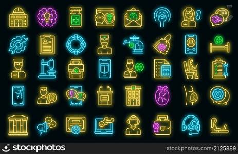 Specialist help icons set outline vector. Mask aid. Clinic care. Specialist help icons set vector neon