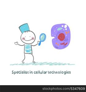 Specialist in cellular technologies is looking through a magnifying glass on a cell