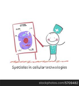 Specialist in cellular technologies speaks cells. Fun cartoon style illustration. The situation of life.