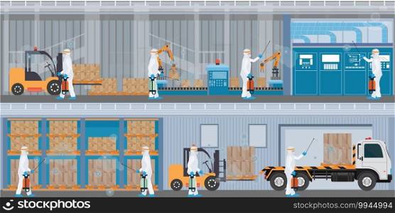 Specialist in hazmat suit cleaning and disinfecting coronavirus cells at the the factory, public transport. epidemic covid 19 concept pandemic health risk vector illustration.