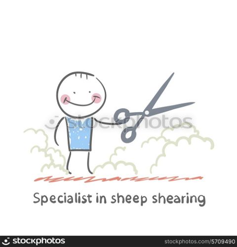 Specialist sheep shearing. Fun cartoon style illustration. The situation of life.