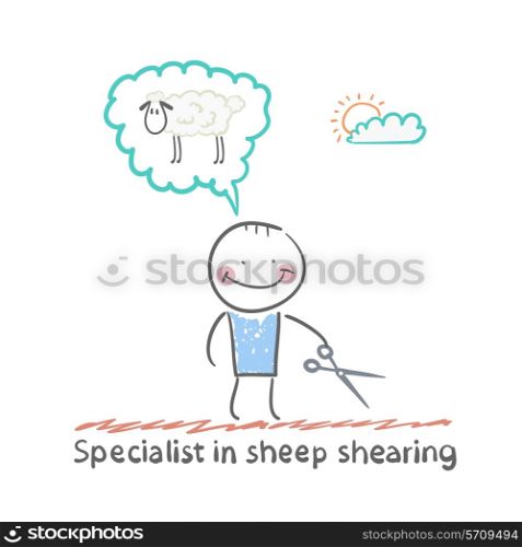 Specialist sheep shearing. Fun cartoon style illustration. The situation of life.