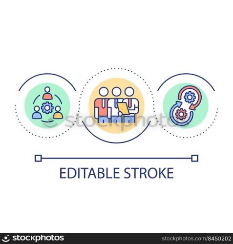 Specialists interaction loop concept icon. Process organization. Teamwork and collaboration abstract idea thin line illustration. Isolated outline drawing. Editable stroke. Arial font used. Specialists interaction loop concept icon
