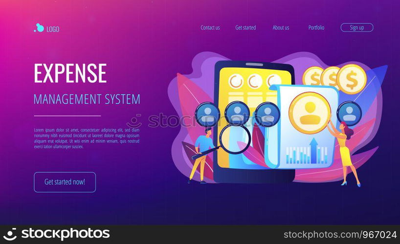 Specialists manage mobile expenses. Mobile expense management, expense management system, mobile device management and mobile network concept. Website vibrant violet landing web page template.. Mobile expense management concept landing page.