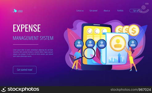 Specialists manage mobile expenses. Mobile expense management, expense management system, mobile device management and mobile network concept. Website vibrant violet landing web page template.. Mobile expense management concept landing page.