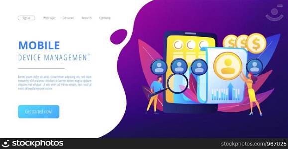 Specialists manage mobile expenses. Mobile expense management, expense management system, mobile device management and mobile network concept. Website vibrant violet landing web page template.. Mobile expense management concept landing page.