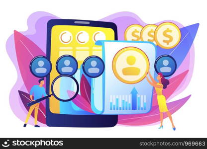 Specialists manage mobile expenses. Mobile expense management, expense management system, mobile device management and mobile network concept. Bright vibrant violet vector isolated illustration. Mobile expense management concept vector illustration.