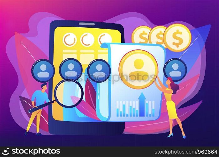 Specialists manage mobile expenses. Mobile expense management, expense management system, mobile device management and mobile network concept. Bright vibrant violet vector isolated illustration. Mobile expense management concept vector illustration.