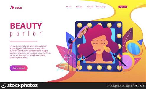 Specialists providing cosmetic treatment for woman face and hair. Beauty salon, beauty parlor, professional cosmetic treatments concept. Website vibrant violet landing web page template.. Beauty salon concept landing page.