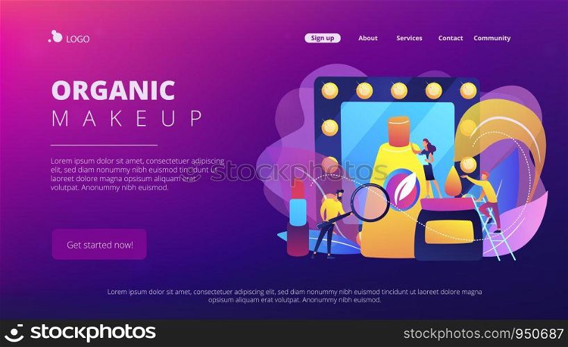 Specialists studying the natural ingredients of organic cosmetics. Organic cosmetics, organic makeup, natural ingredient cosmetics concept. Website vibrant violet landing web page template.. Organic cosmetics concept landing page.