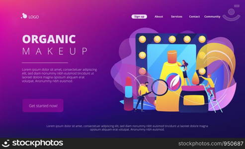 Specialists studying the natural ingredients of organic cosmetics. Organic cosmetics, organic makeup, natural ingredient cosmetics concept. Website vibrant violet landing web page template.. Organic cosmetics concept landing page.