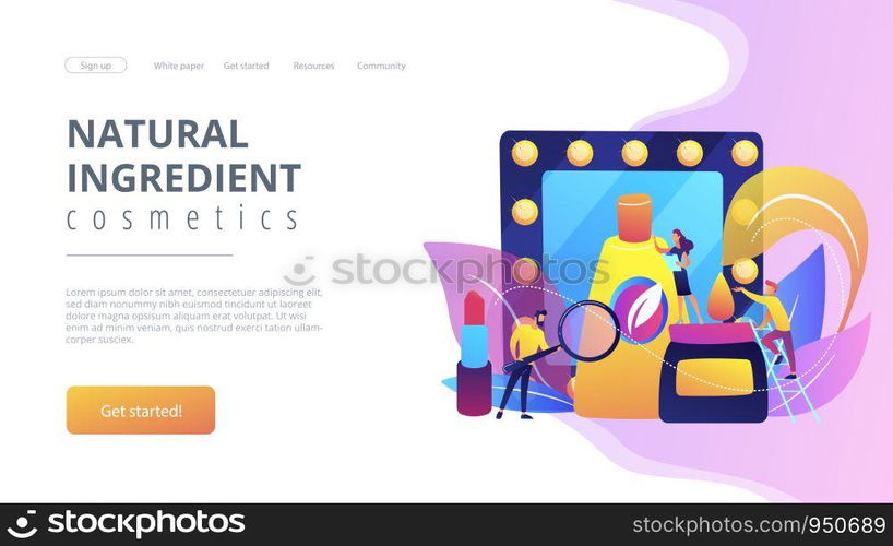 Specialists studying the natural ingredients of organic cosmetics. Organic cosmetics, organic makeup, natural ingredient cosmetics concept. Website vibrant violet landing web page template.. Organic cosmetics concept landing page.