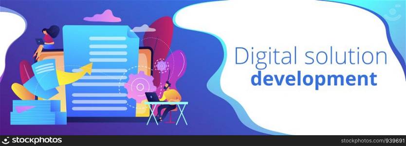 Specialists work with laptop digital data, tiny people. Digital transformation, digital solution development, paperless workflow solutions concept. Header or footer banner template with copy space.. Digital transformation concept banner header.