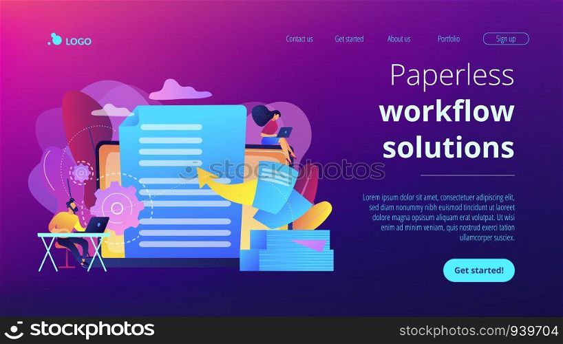 Specialists work with laptop digital data, tiny people. Digital transformation, digital solution development, paperless workflow solutions concept. Website vibrant violet landing web page template.. Digital transformation concept landing page.