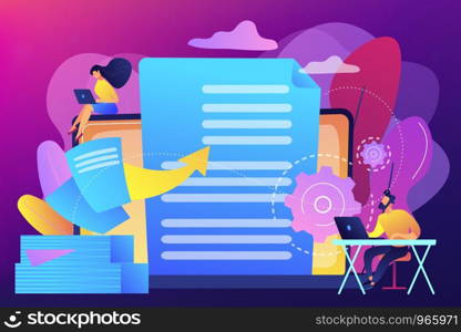 Specialists work with laptop digital data, tiny people. Digital transformation, digital solution development, paperless workflow solutions concept. Bright vibrant violet vector isolated illustration. Digital transformation concept vector illustration.