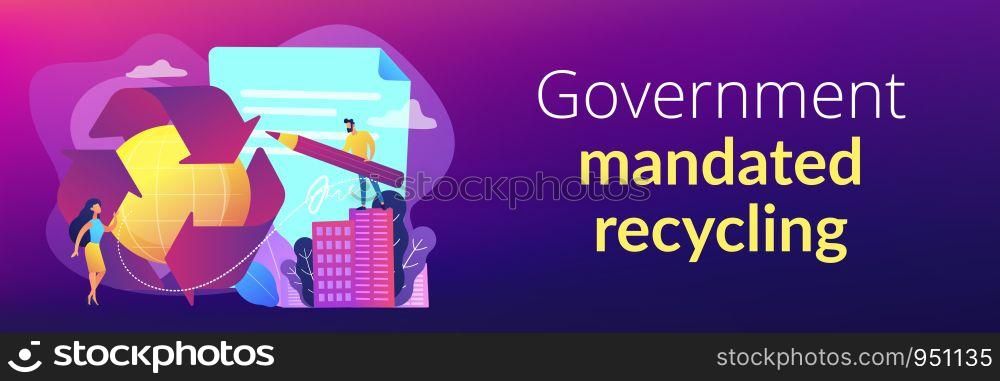 Specialists writing new mandatory recycling laws for country. Government mandated recycling, ecological regulations, local recycling laws concept. Header or footer banner template with copy space.. Government mandated recycling concept banner header.