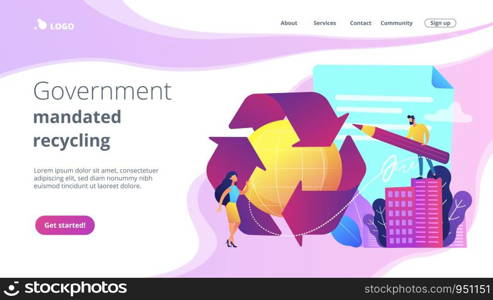 Specialists writing new mandatory recycling laws for country. Government mandated recycling, ecological regulations, local recycling laws concept. Website vibrant violet landing web page template.. Government mandated recycling concept landing page.