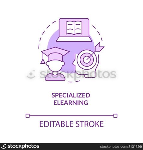 Specialized elearning purple concept icon. Online training for employees abstract idea thin line illustration. Isolated outline drawing. Editable stroke. Roboto-Medium, Myriad Pro-Bold fonts used. Specialized elearning purple concept icon