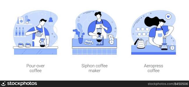 Specialty coffee isolated cartoon vector illustrations set. Professional barista making pour-over, siphon maker device, third wave, aeropress coffee, alternative brewing method vector cartoon.. Specialty coffee isolated cartoon vector illustrations se