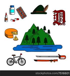 Spectacular landscape of bavarian lake adorned by feather, farm cheese, medications, ornamental german gothic font, bicycle and ancient saber. Colorful sketches for Germany theme design. Bavarian and german travel symbols