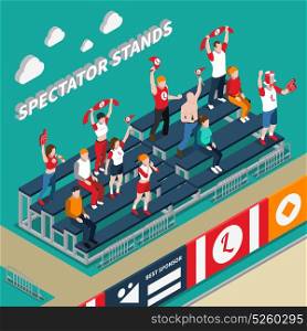 Spectator Stands With Fans Isometric Illustration. Spectator stands with excited fans with white red accessories during sporting event isometric vector illustration