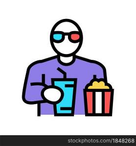 spectator watching movie and eating popcorn in cinema color icon vector. spectator watching movie and eating popcorn in cinema sign. isolated symbol illustration. spectator watching movie and eating popcorn in cinema color icon vector illustration
