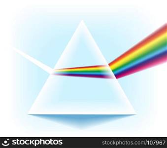 Spectrum prism with light dispersion effect. Spectrum prism. Glass triangular pyramid with optical light dispersion effect isolated on white background, vector illustration